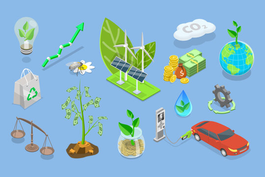 3D Isometric Flat Vector Set of Sustainable Investment Elements, Ethical Business, Green and Environmental Goals