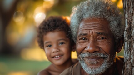 Fototapeta premium Grandfather and grandson smiling together by a tree on a sunny day, showcasing their bond.