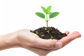A small green plant growing in a handful of soil in a person's hand. Represents growth, nurturing, and the environment. Perfect for eco-friendly projects and nature-themed content. Generative AI
