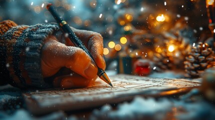 A hand writes in a notebook with a pen in a cozy winter scene surrounded by festive lights.