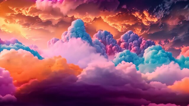 Colorful sky with fluffy clouds in the background, Illustrate the versatility and scalability of cloud computing with shifting, fluid shapes and colors