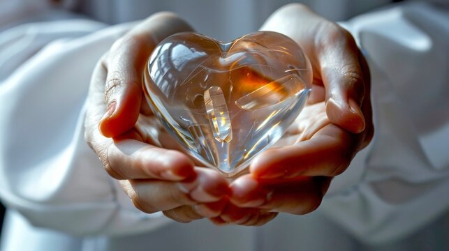 Hands holding a glowing crystal heart, symbolizing love and warmth. Bright and focused image. Perfect for conceptual use in romantic, health, and wellness contexts. Stock photo. AI