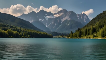 Obraz premium Paesaggio idilliaco di estate con il chiaro lago della montagna nelle alpi. La vista panoramica del paesaggio idilliaco dell'estate nelle alpi con il chiaro lago della montagna e la montagna verde fre
