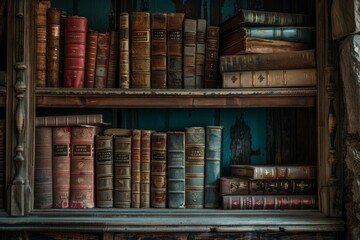 Old bookshelf is holding antique books with worn out covers, showing their age and value