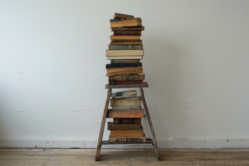 Tall pile of old books sits on a wooden ladder against a white wall