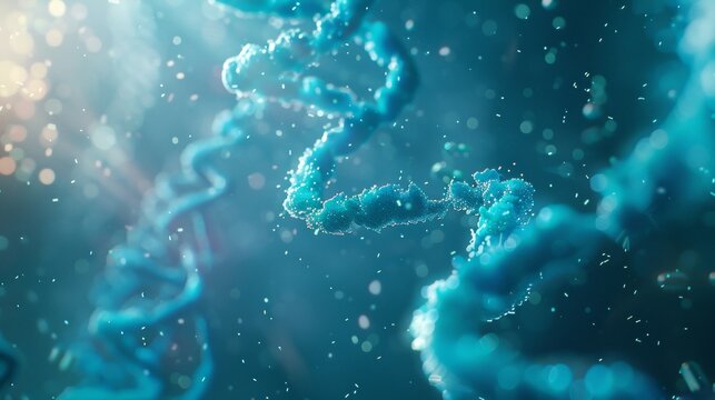 Abstract close-up of blue DNA strands with glowing particles. Digital art showing molecular biology. Perfect for scientific, medical, or educational use. Microscopic style.