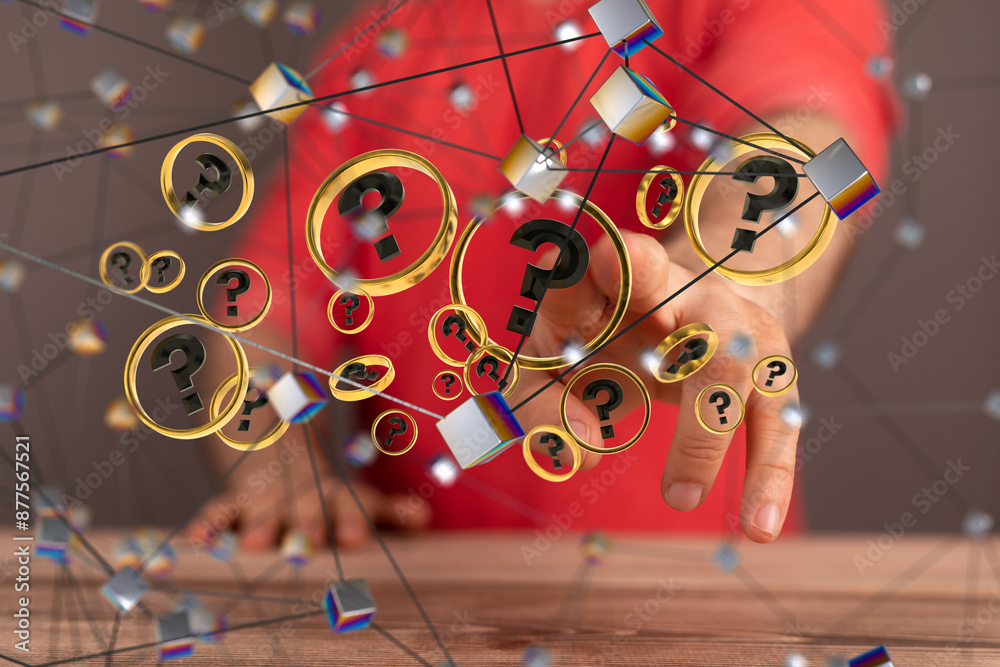 Aufkleber Businessman solving problem with digital question marks 3D rendering