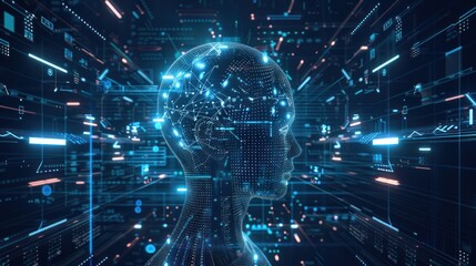 Fototapeta premium Artificial intelligence concept with a human head outline surrounded by digital data and code.