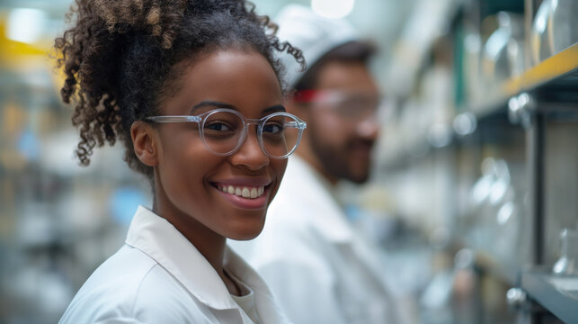 A smiling female scientist in a lab coat and glasses in a modern laboratory setting.