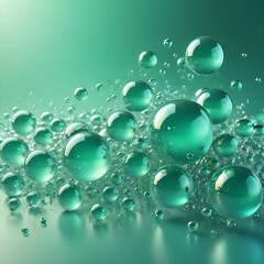 Emerald green spherical droplets of various sizes floating against a green background