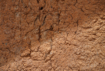 Structure wall of old mud house. Clay wall, surface texture. Close up.