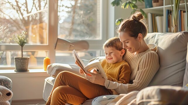 Mother and child reading a book on a cozy couch in a sunlit living room. Lifestyle and family activity. Perfect for illustrating family bonding moments. Warm and inviting scene. AI - Powered by Adobe