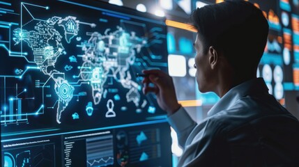 Data Scientist analyzing global data on interactive digital screen. Concept of big data, analytics, technology, business intelligence and information technology