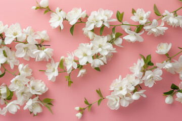 Obraz premium a pink background with white flowers and small green leaves