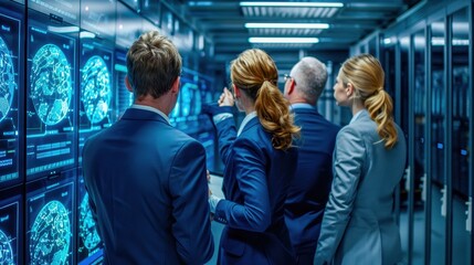 Group of business professionals analyzing data on futuristic digital screens in a modern data center.