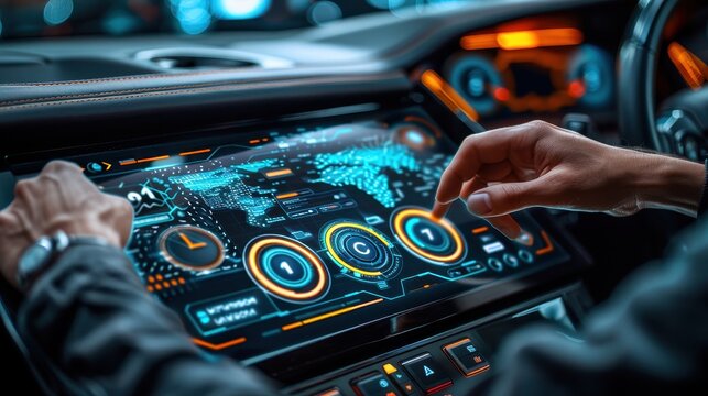 Futuristic car dashboard with hands interacting with digital interface, featuring high-tech controls and vibrant displays.