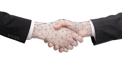 A handshake between two people with a network design in the background.