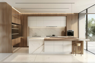image of Elegant contemporary kitchen room interior, Modern Contemporary, white and wood material , beautiful lighting