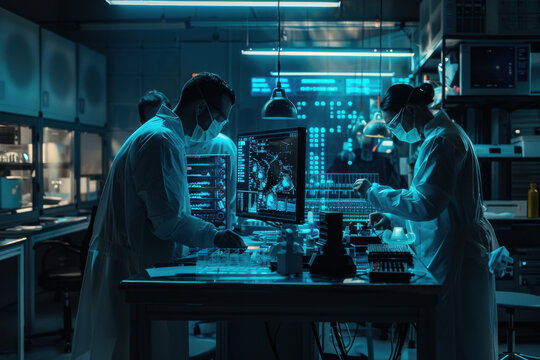 Lab workers wearing scrubs and protective masks working in a lab near, holographic displays , security, artifical intelligence - Powered by Adobe