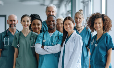 photo of a group of multicultural doctors and nurses standing and smiling while working at a hospital, wearing scrubs,  full view