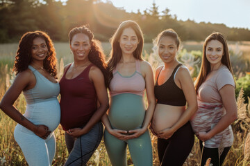 photo of a group of multicultural pregnant women standing and smiling in fitness clothing , full body view , enjoying time outside