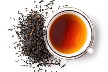 an image of a white tea cup, dry tea leaves on an isolated white studio background, top view
