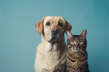 image of a Golden Retriever dog and a tabby cat portrait together on studio blue background , looking straightly to the camera