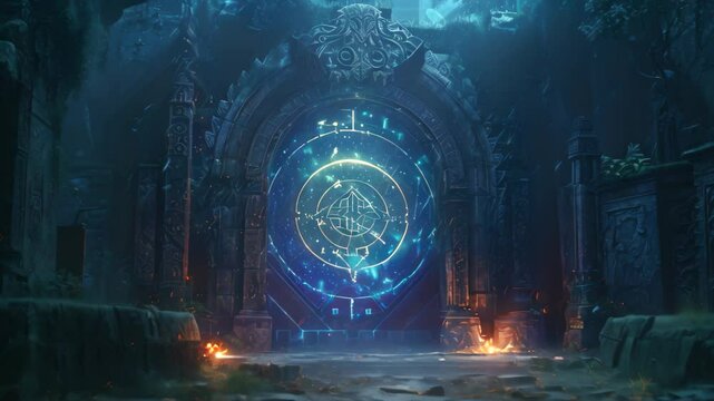 A fantasy scene with a magical door standing amidst thick trees in the forest, Imagine a mystical portal surrounded by piercing symbols