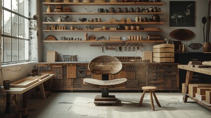 Large wooden table in a room with shelves, carpenter