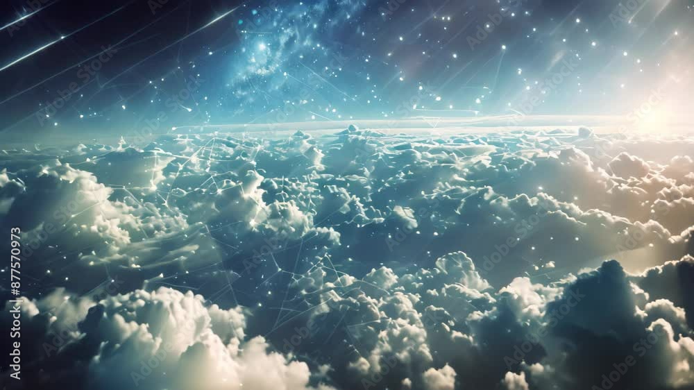 Poster a network of intersecting lines against a backdrop of cloudy sky, imagine a world where data flows e