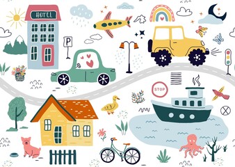 a modern seamless pattern,with hand drawn cars, signs, roads,  a tree. A cartoon element isolated on a white background. for print, children, paper, print.  illustration in the style  art