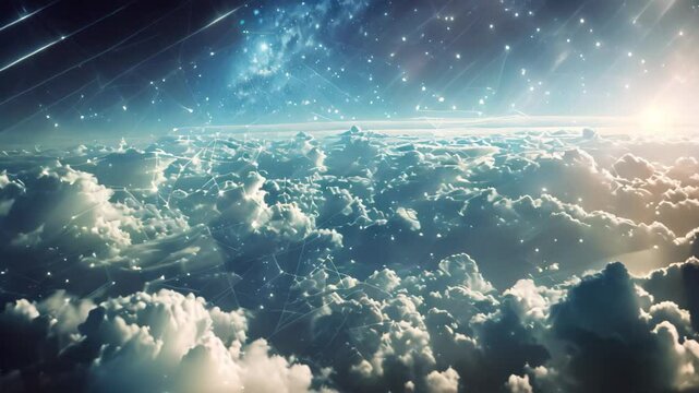 A network of intersecting lines against a backdrop of cloudy sky, Imagine a world where data flows effortlessly between virtual clouds, connecting users across the globe