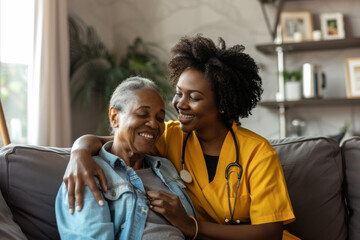 Smiling young female nurse caregiver assisting senior black woman at home, they are sitting on a coach hugging and smiling