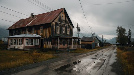 Obraz premium A weathered wooden house sits on a quiet street in an Alaskan village, with a cloudy sky above