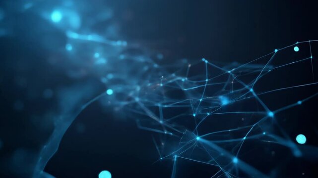 Abstract digital blue network connections with dots and lines on a dark background, representing technology, data, and communication.