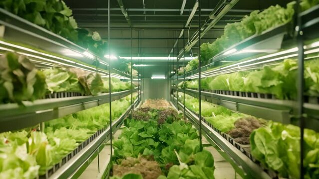 A large greenhouse filled with neat rows of lettuce plants growing, Imagining a world where all food products are traceable from farm to table