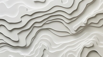 A white, abstract background with a 3D rendered pattern of wavy, layered lines