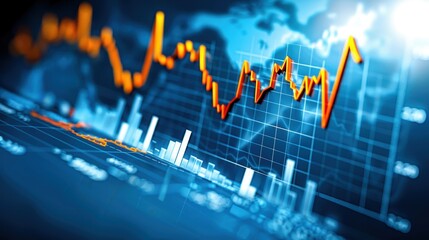Obraz premium Dynamic financial chart with data visualizations showing market trends, stock prices, and economic analysis in a glowing blue and orange theme.