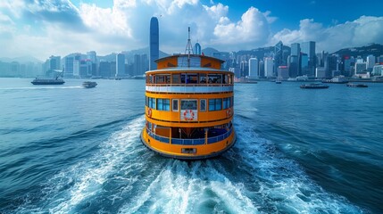 A yellow ferry boat cruises through the blue waters of Hong Kong Harbor, with the city skyline and...