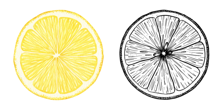 Set of lemon slices. Watercolor and sketch hand drawn isolated illustrations. Half tropical citrus fruit. Design for menu, package, cosmetic, textile, cards - Powered by Adobe