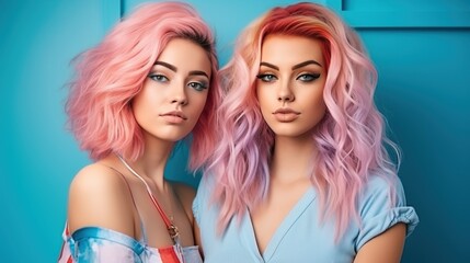Fototapeta premium Two Women with Pink and Purple Hair Against Blue Background