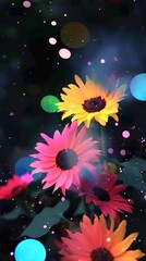 Naklejka premium Three sunflowers bloom brightly in a dark background with colorful orbs of light