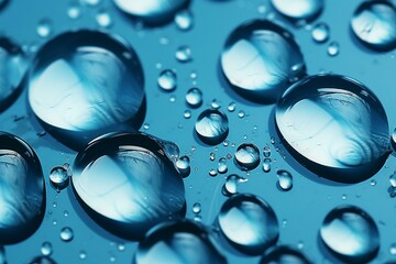 Macro shot of water droplets on a blue surface with a reflective quality