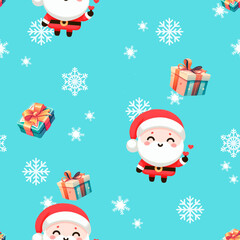 Christmas pattern, santa claus with gifts on blue background with snowflakes