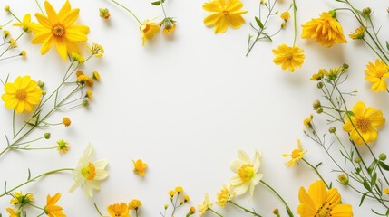 Wreath of assorted yellow flowers on white background Spring and summer symbol with room for text Overhead view