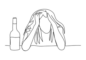 Drunk woman sitting at a table. One line drawing vector illustration.