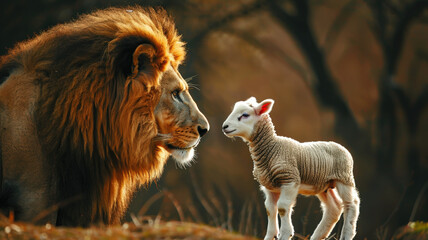 Majestic Lion Standing Protectively Behind a Small Lamb in a Serene Wildlife Setting Symbolizing Peace and Harmony