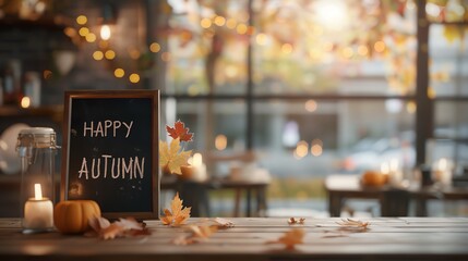 Cozy autumn cafe interior with a 'Happy Autumn' chalkboard, candles, and fall decorations in warm sunlight. Seasonal atmosphere.