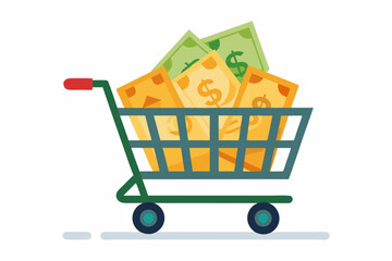 A shopping cart filled with money. Vector art illustration 