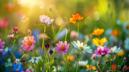 Fototapeta premium A blooming field of vibrant flowers bathed in golden sunlight capturing the beauty and freshness of nature in full bloom